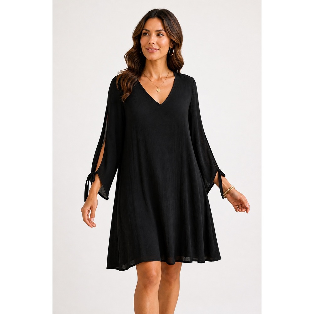 Soft Surroundings Black V-Neck Tunic Dress XL Split Sleeve Tie Boho